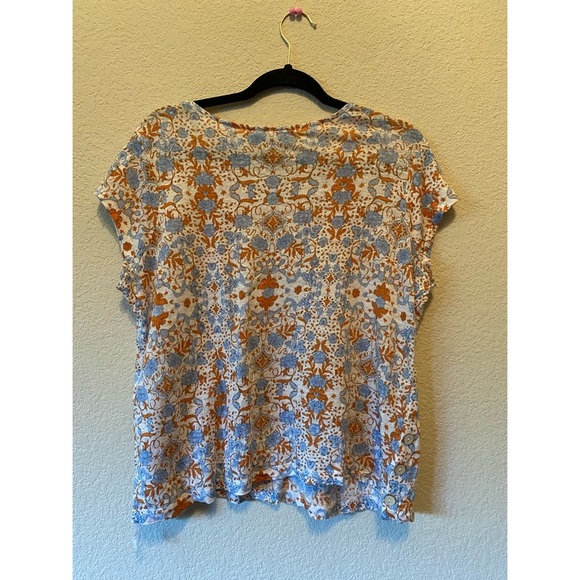 Floral Print Women's Linen Top - Orange and Blue - Picture 4 of 6